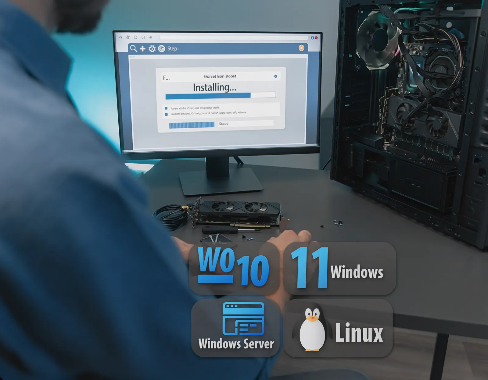 Blick über die Schulter auf einen Bildschirm mit laufender Systeminstallation, daneben ein geöffneter Rechner; eingeblendet die Systeme Windows 10, Windows 11, Windows Server und Linux (mit KI erzeugtes Bild)
