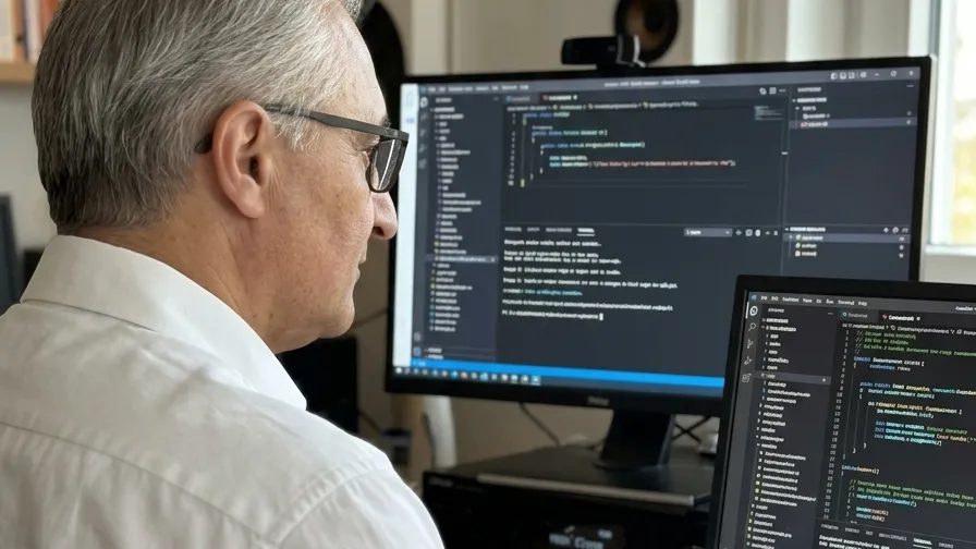 Quelltext auf zwei Bildschirmen am Entwicklungsarbeitsplatz (mit KI bearbeitete Aufnahme)