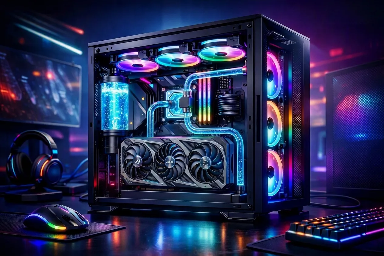Gaming-PC im Glasgehäuse: Wasserkühlung mit sichtbarem Kreislauf, mehrfarbig beleuchtete Lüfter und eine Grafikkarte mit drei Lüftern, daneben Headset, Maus und Tastatur (mit KI erzeugtes Bild)