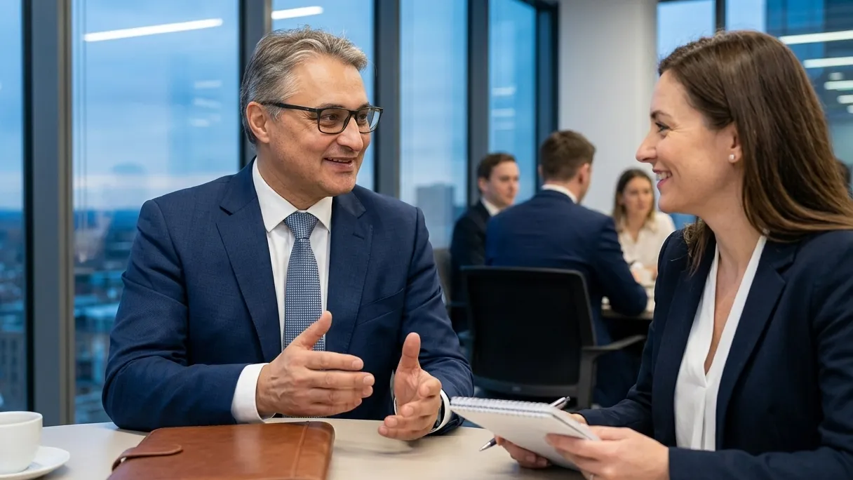 Roman Brunetti im Beratungsgespräch mit einer Kundin am Besprechungstisch (mit KI bearbeitete Aufnahme)