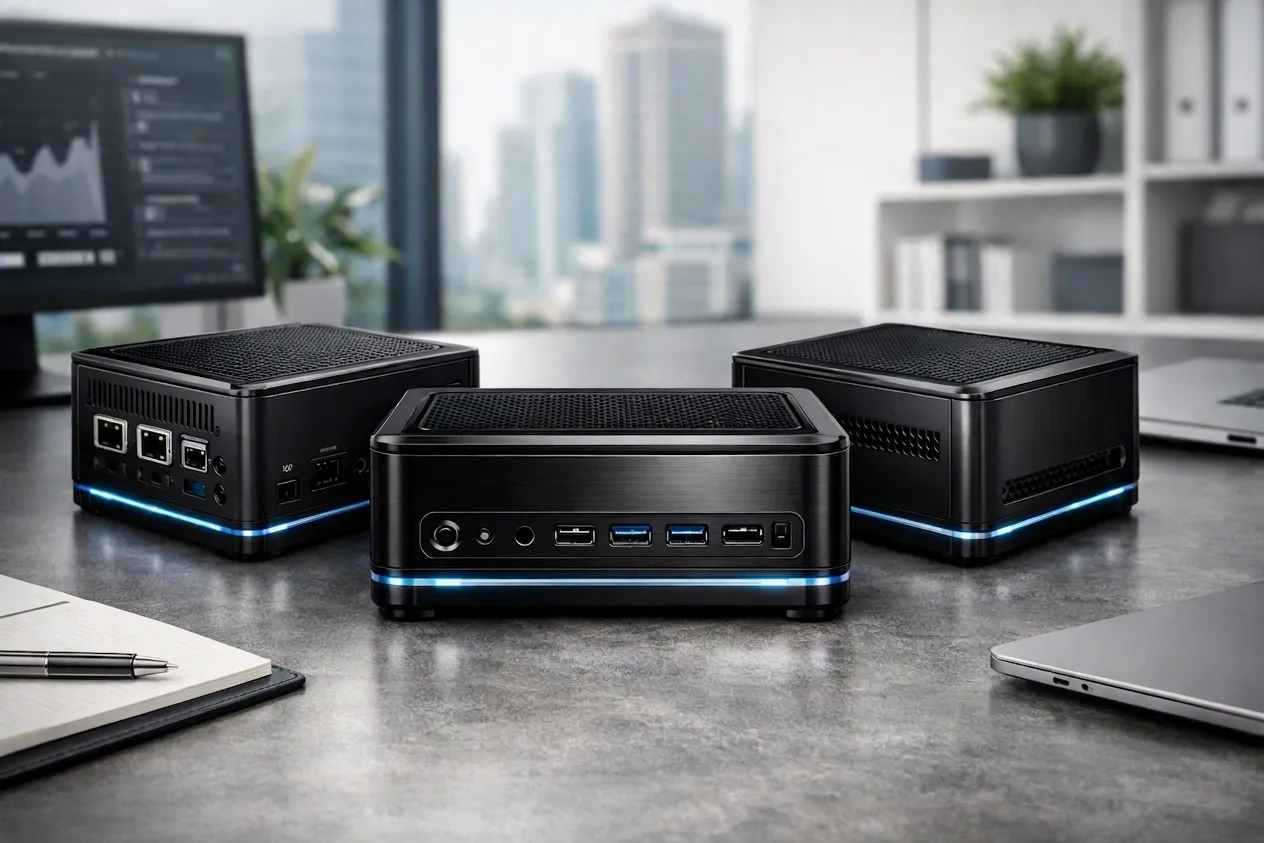 Drei Mini-PCs auf einem Schreibtisch, vorne die Anschlussseite mit USB-Buchsen, im Hintergrund Monitor und Notebook (mit KI erzeugtes Bild)