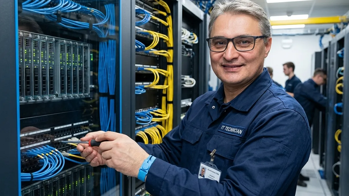 Patchfeld und Netzwerkschrank mit sauber verlegten Kabeln (mit KI bearbeitete Aufnahme)