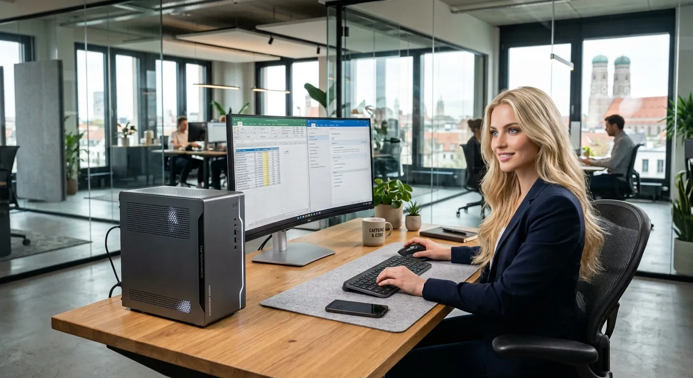 Büroarbeitsplatz mit Tower-PC neben dem Monitor: eine Mitarbeiterin arbeitet an einer Tabelle, im Hintergrund ein helles Großraumbüro (mit KI erzeugtes Bild)