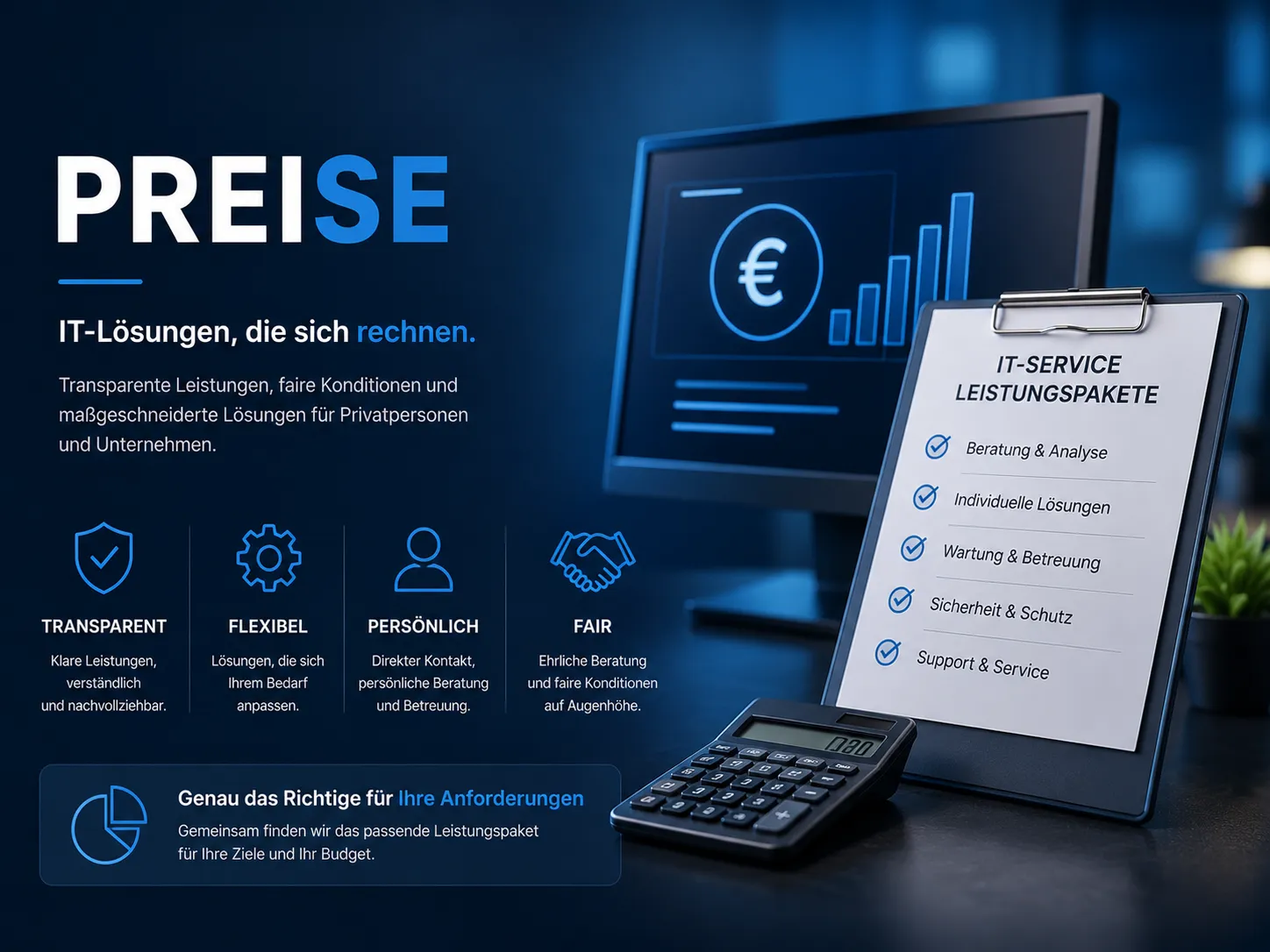 Übersicht zu den Preisen: transparent, flexibel, persönlich und fair, daneben eine Liste der Leistungen von Beratung und Analyse über Wartung und Betreuung bis Support und Service