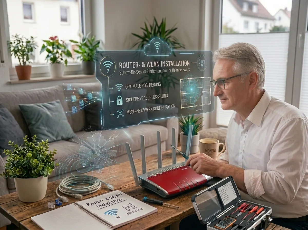 Roman Brunetti bei der Einrichtung eines WLAN-Routers im Wohnzimmer, daneben Netzwerkkabel und Werkzeugkoffer; eingeblendet Hinweise zu Aufstellort, Verschlüsselung und Mesh-Netz (mit KI bearbeitete Aufnahme)