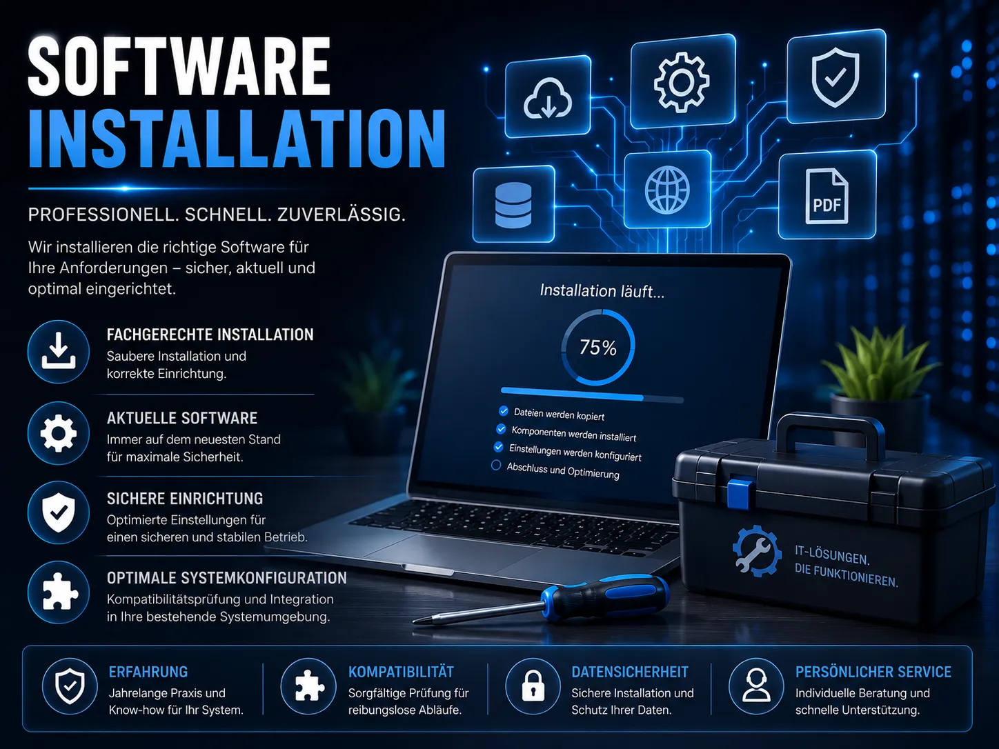Übersicht zur Softwareinstallation: fachgerechte Installation, aktuelle Software, sichere Einrichtung und optimale Systemkonfiguration, dazu Kompatibilitätsprüfung und Datensicherheit