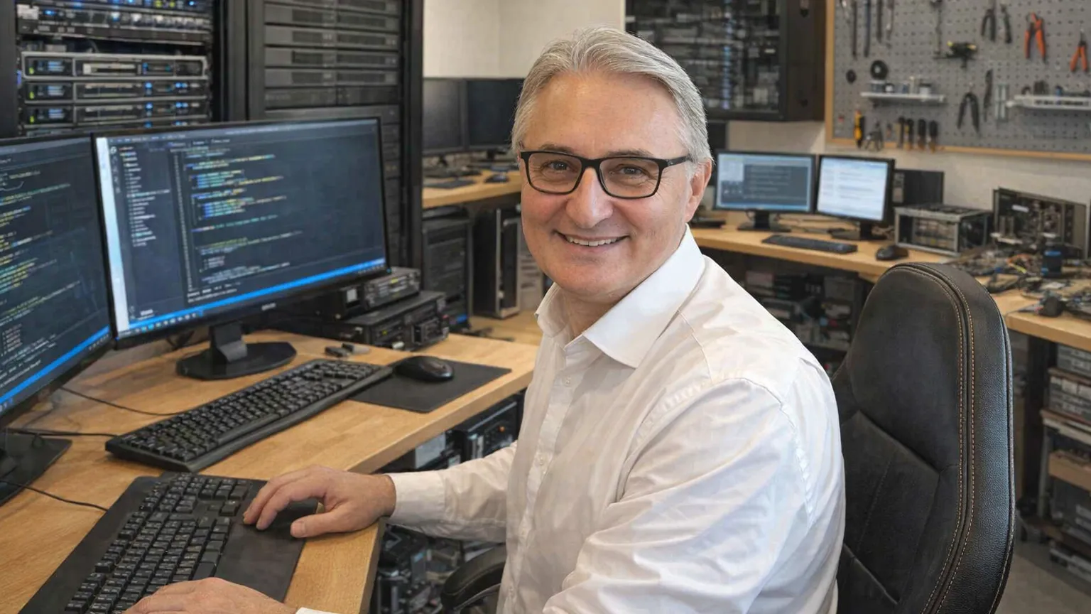 Werkstatt in Nürnberg mit Serverschrank, Werkbank und Messtechnik (mit KI bearbeitete Aufnahme)