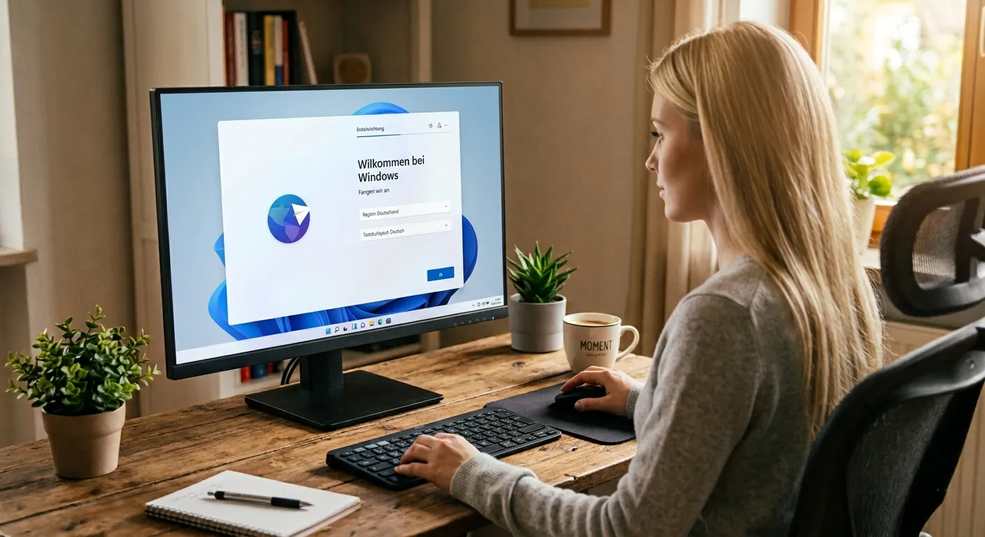Neuer Rechner am Schreibtisch beim ersten Start, auf dem Bildschirm die Einrichtung von Windows (mit KI erzeugtes Bild)